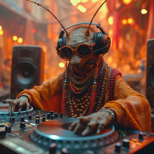 a highly stylized cyberpunk humanoid mosquito as a DJ, wearing neon sunglasses, big neon headphones and neon necklaces, standing behind cyberpunk turntables, touching one record. Huge loudspeakers left and right of him. Mainly red and orange colours/ambience. Hyperrealistic, movie still by Wes Anderson --v 6.0 --style raw --s 750