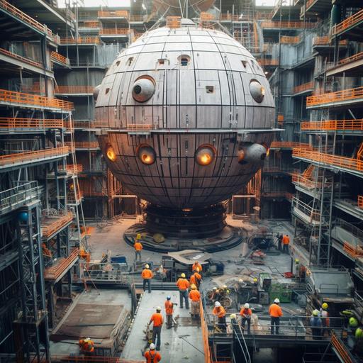 a hilarious scene depicting a massive, spherical construction site that resembles the iconic Death Star from Star Wars but with a comical twist. Instead of a menacing space station, the structure should be completely orange and filled with construction equipment, workers wearing hard hats, and safety cones scattered throughout. Incorporate cranes, scaffolding, and unfinished sections to emphasize the work-in-progress nature of this quirky construction project. Add humorous elements such as workers taking a lunch break on floating platforms, using futuristic tools to paint the structure orange, or construction-themed spaceships and vehicles assisting in the project. Capture the playful and lighthearted atmosphere of this bizarre, orange construction-themed Death Star. --no moon