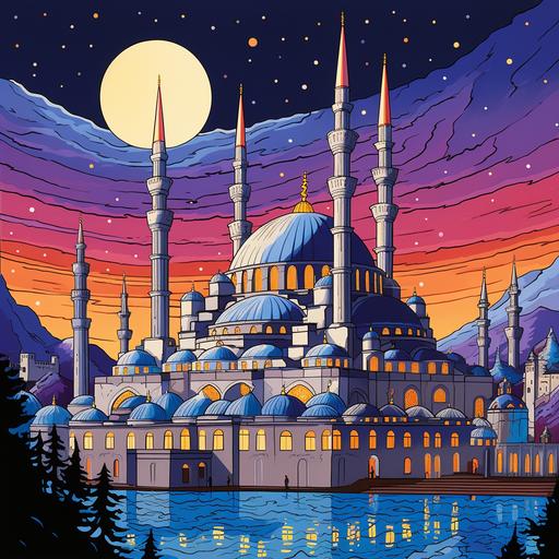 a hiroshi nagai art illustration of the blue mosque in Istanbul