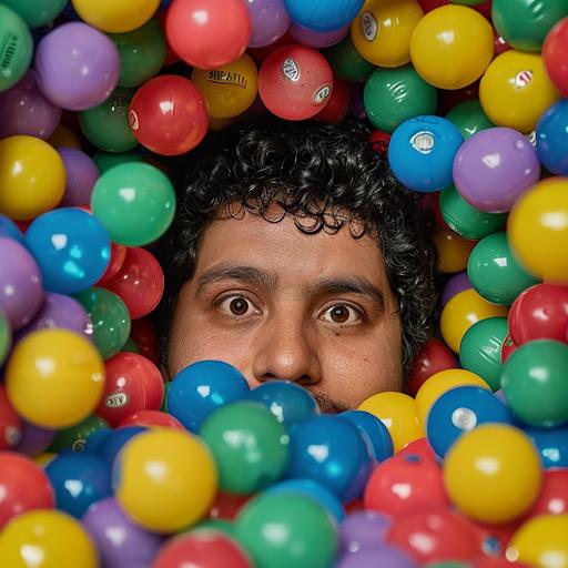 a hispanic man poking his head out of a ball pit