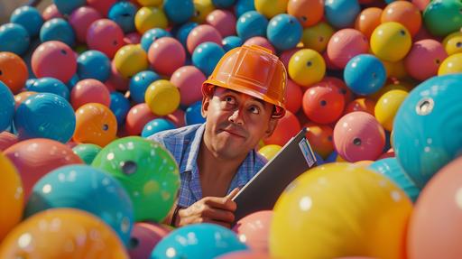 a hispanic man wearing a hard hat, poking his head out of a ball pit. he's holding a clipboard in one hand., realistic. photorealistic. --ar 16:9