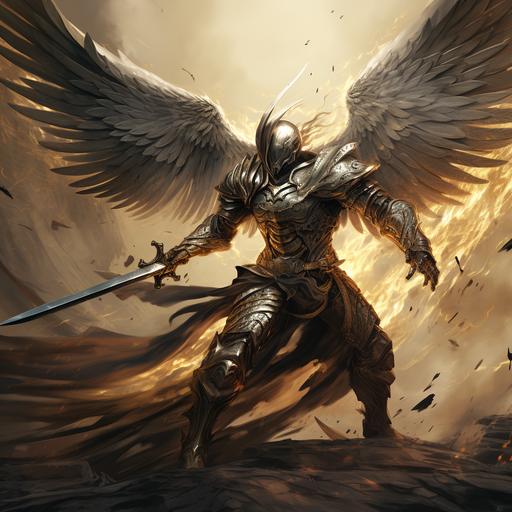a hooded male warrior angel weiling a sword made from a fallen comet and wearing shimming silver and gold armor and a macthching face sheild. The angel is fighting a tredmonouesly massive and evil demon boss.