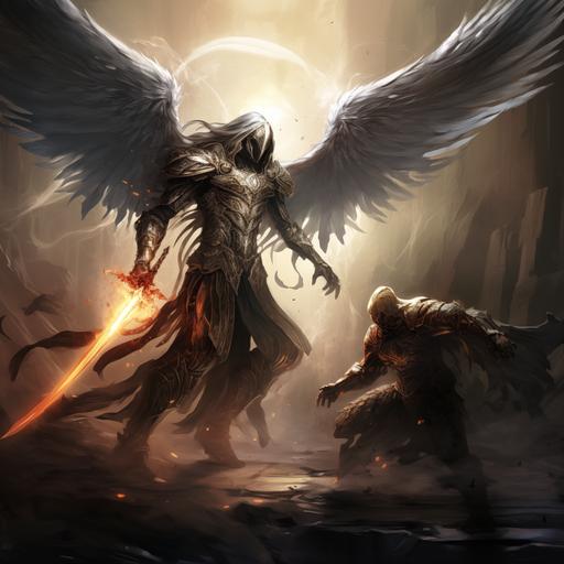 a hooded male warrior angel weiling a sword made from a fallen comet and wearing shimming silver and gold armor and a macthching face sheild. The angel is fighting a tredmonouesly evil demon boss.