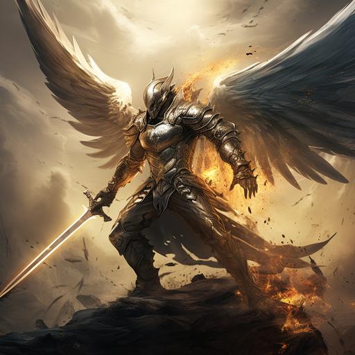 a hooded male warrior angel weiling a sword made from a fallen comet and wearing shimming silver and gold armor and a macthching face sheild. The angel is fighting a tredmonouesly massive and evil demon boss.