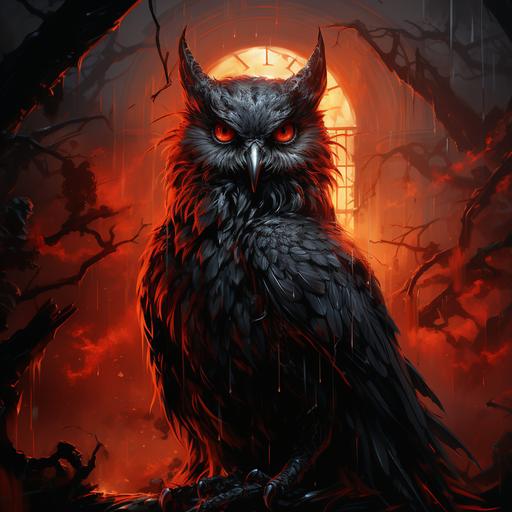 a horned owl vampire:: horror vampire movie scene:: vampirecore:: a vampire who is also a horned owl --s 750 --style raw --ar 1:1