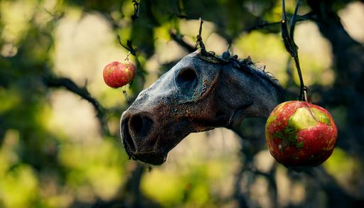 a horse eating an apple in a tree. Photorealistic, HD MAX. 8k --ar 16:9