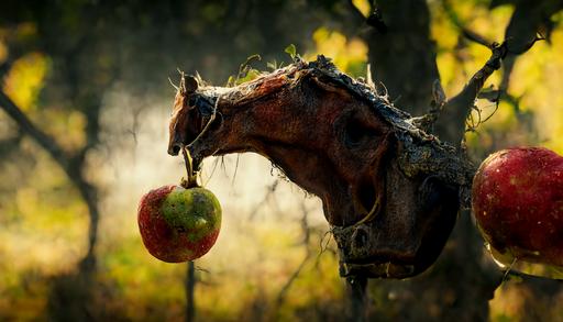 a horse eating an apple in a tree. Photorealistic, HD MAX. 8k --ar 16:9
