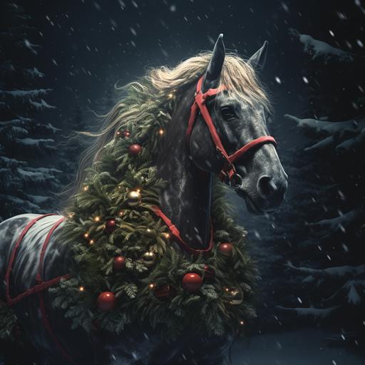 a horse sking with chrismas trees
