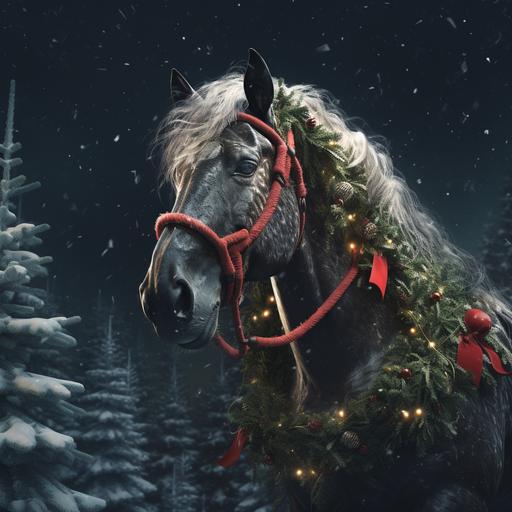 a horse sking with chrismas trees