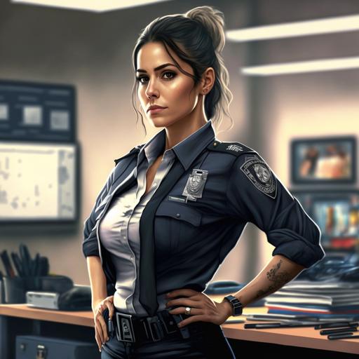 a hot Mexican woman in cop uniform standing in the office leg full body bun hair