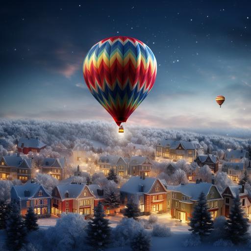 a hot air balloon with red, white and blue vertical bands rises into the sky above a city decorated with Christmas lights and in the foreground a Christmas tree with decorations in the shape of houses and hot air balloons, realistic photo --v 5.0 --s 750