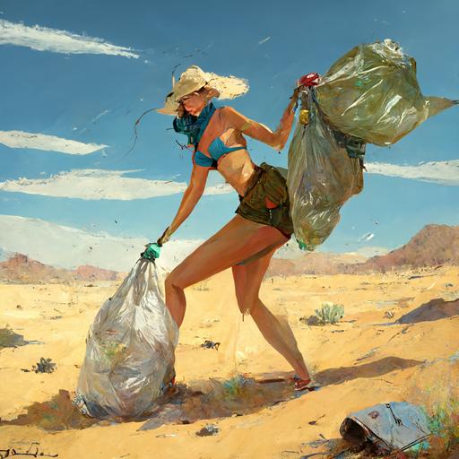 a hot environmentalist picking up trash in the desert pin up