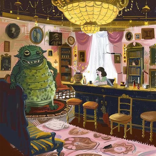 a hotel reception with fantasy-like items and a monster. 16:9