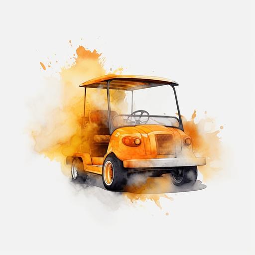 a hotrod golf cart, doing a burnout, on a golf course, watercolor,no background, transparent background, super sharp, 8k, realistic, photo realistic, yellows, oranges --v 5