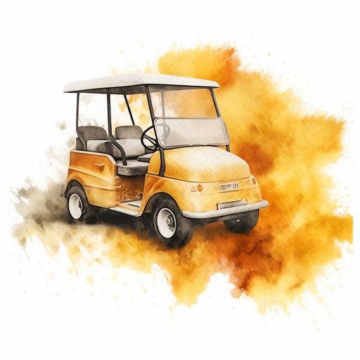 a hotrod golf cart, doing a burnout, on a golf course, watercolor, yellows and oranges, no background, transparent background, super sharp, 8k, realistic, photo realistic --v 5