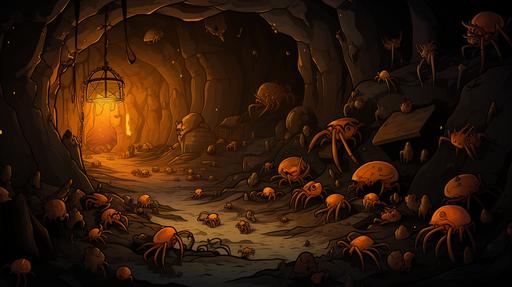 a huge 🦀 guarding it's treasure hoard in an underwater cave, rustic cartoon, dark outlines, mysterious --ar 16:9