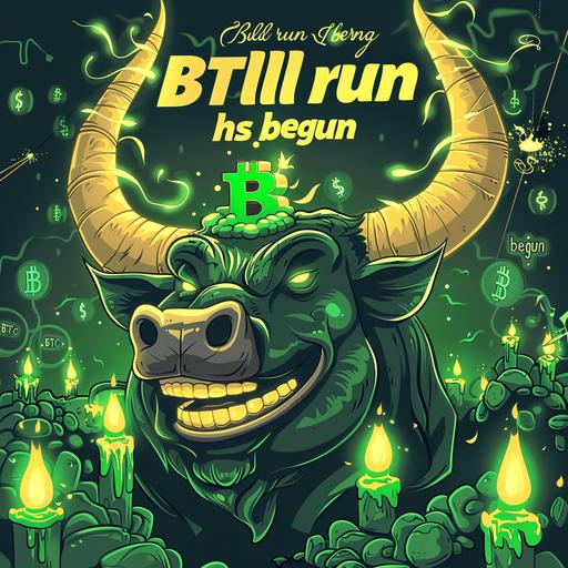 a huge ANime style bull with $BTC logo above it and green candle with smiling ANIME face on it 