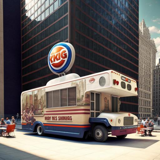 a huge building of a burger king restaurant on wheels in the streets of new york, has many wheels and terrace for people to sit, has a kids park to play with tobogan, has the logo of burger king, high detailed, three thirds rule, architecture photography --q 2 --v 4