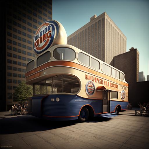 a huge building of a burger king restaurant on wheels in the streets of new york, has many wheels and terrace for people to sit, has a kids park to play with tobogan, has the logo of Burger king, high detailed, three thirds rule, architecture photography --q 2 --v 4