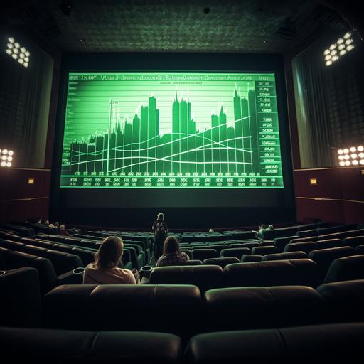 a huge cinema screen with a green chart going up