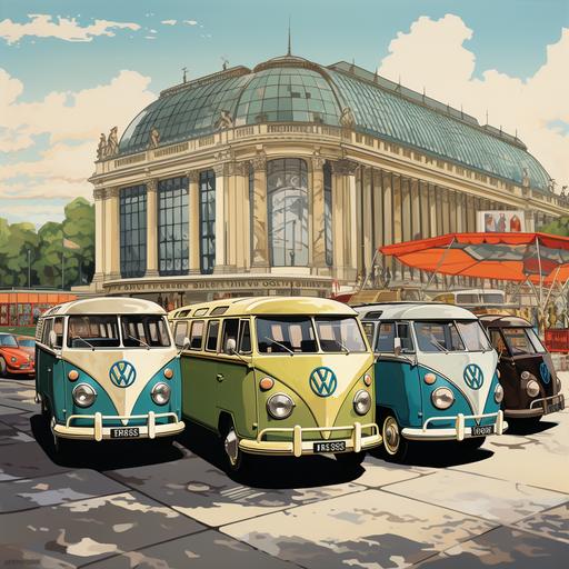 a huge comics style poster with 6 Volkswagen Type 2 trucks in front of the Louvres museum in Paris