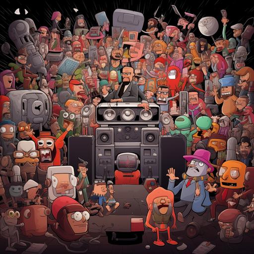 a huge dubstep party. all the people are speakers. cartoon style