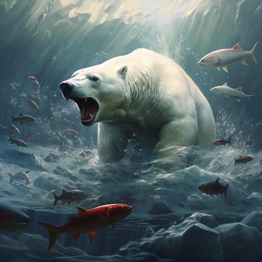 a huge polar bear in arctic tundra pulling a beluga whale out of an ice hole infront of a pack of white wolves