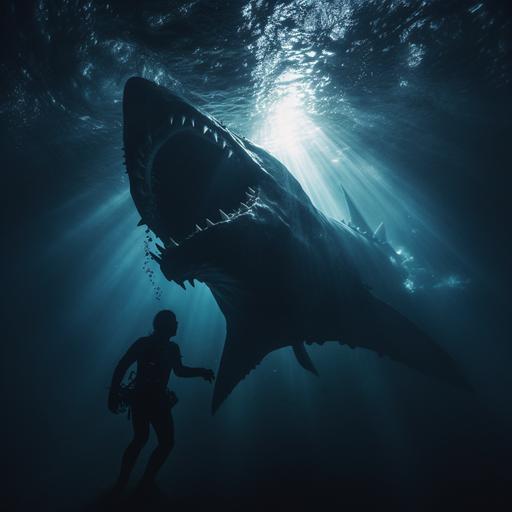 a huge scary alien like shark with wide open mouth underwater eating a small shadow figure, cinematic, horror, mysterious