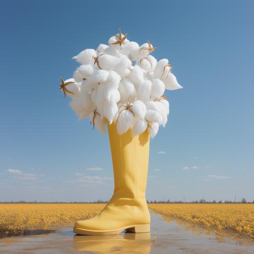 a huge white cotton flower growing from a yellow rubber boot