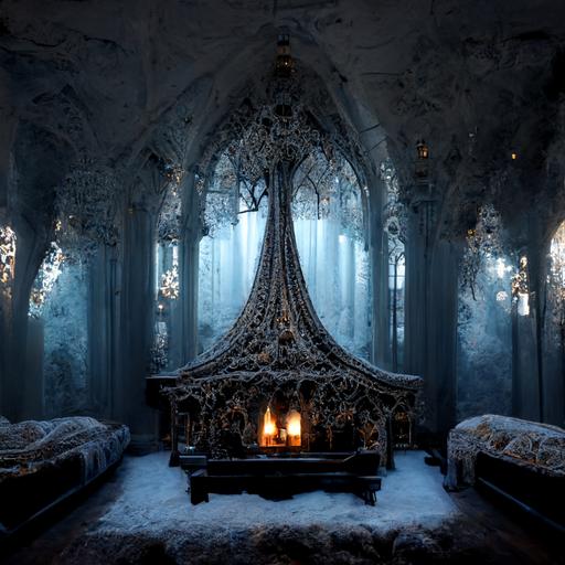 a huge wide bedroom, gothic architecture, Victorian canopy bed, creepy, made of ice, eerie, magical, fairy realm, fireplace , realistic, 8k, floating candlelight