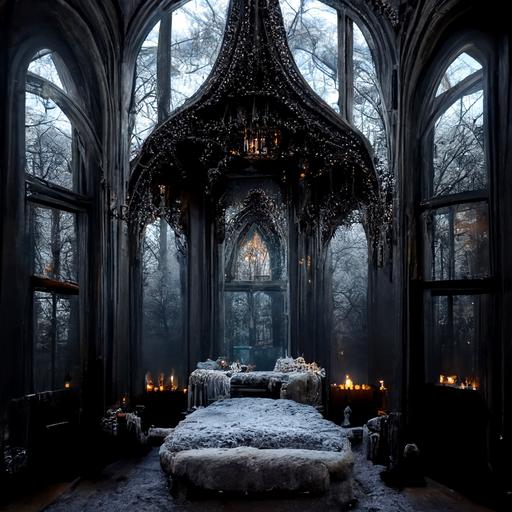 a huge wide bedroom, gothic architecture, Victorian canopy bed, creepy, made of ice, eerie, magical, fairy realm, fireplace , realistic, 8k, floating candlelight