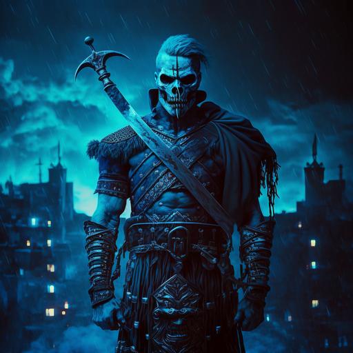 a human executioner in a black kilt, blue face makeup holding an executioner sword, gallows at night background, 4K, ultra realistic, high detail,