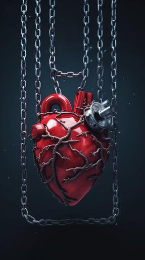 a human heart chained by iron chains on an ultra realistic 8k phone wallpaper --ar 9:16