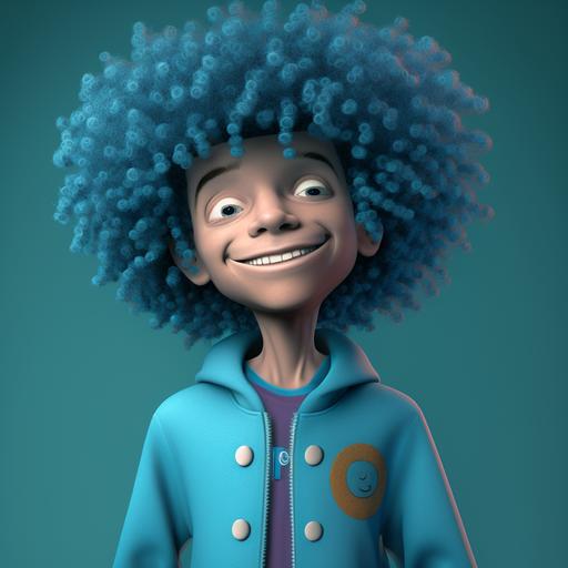 a human-like cartoon 3d character with blue curly hair smiling and wearing clothes