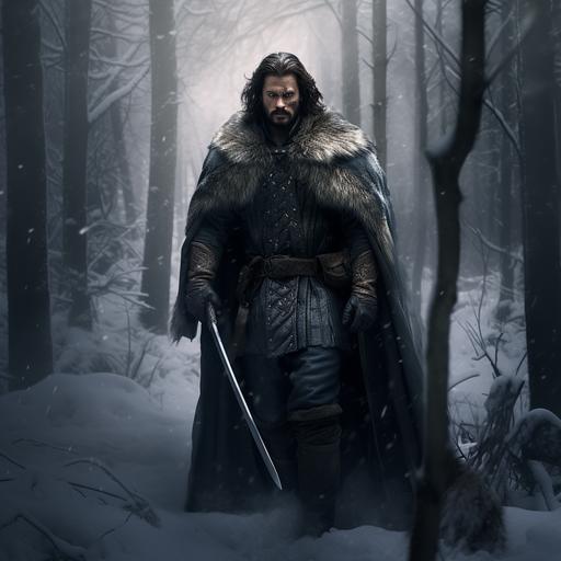 a human male walking through snowy forest. He is tall, dark haired. he has a cloak made of wolf pelts. He has a wolf mask on hsi head. He is in his mid forties. He wields a sword