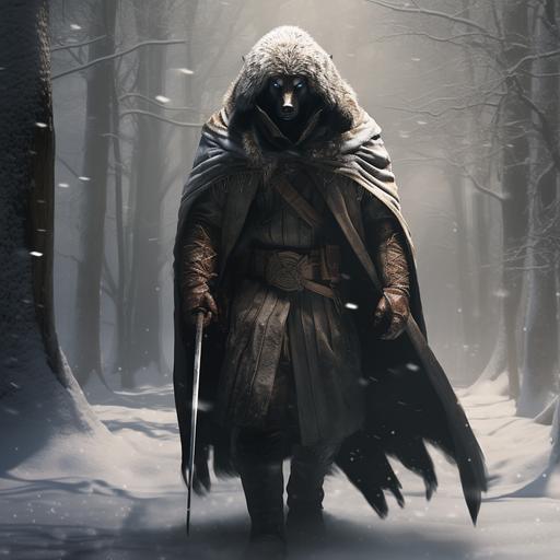 a human male walking through snowy forest. He is tall, dark haired. he has a cloak made of white wolf pelts. He has a white wolf mask on his head. He is in his mid forties. He wields a sword