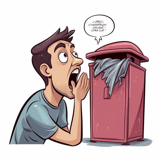 a human man whispering to a trash can, cartoon style
