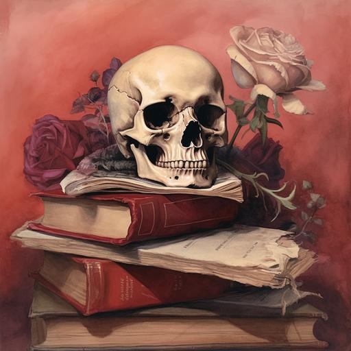a human skull on top of a pile of books, with quill and ink and rose on the side, with reddish background. the image is a symbol of the passage of time, serve to remember that we will all die.