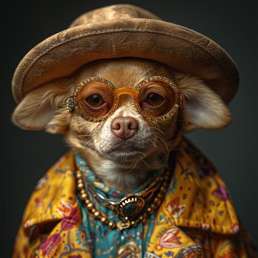 a humanoid Chihuahua dog with a maffia hat, the dog is extremely muscled and is dressed in 70s disco style --style raw --s 750 --v 6.0