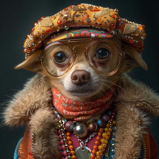 a humanoid Chihuahua dog with a maffia hat, the dog is extremely muscled and is dressed in 70s disco style --style raw --s 750 --v 6.0