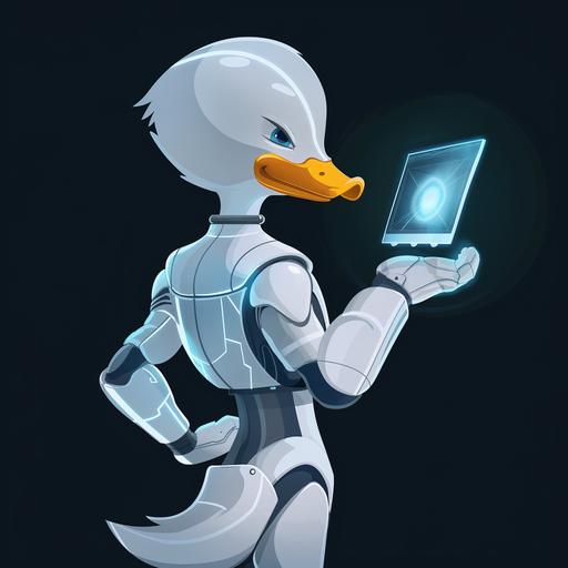 a humanoid duck in futuristic white suit, from the back, we can see his head from the side, holding a hologram, 2D flat cartoon mascot style --v 6.0