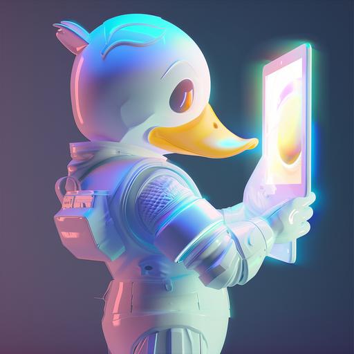 a humanoid duck in futuristic white suit, from the back, we can see his head from the side, holding a hologram, 2D flat cartoon mascot style