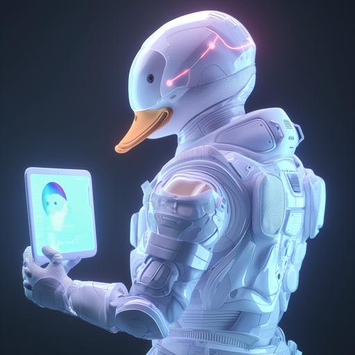 a humanoid duck in futuristic white suit, from the back, we can see his head from the side, holding a hologram, semi cartoon mascot style --v 6.0