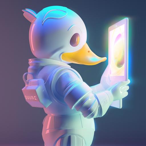 a humanoid duck in futuristic white suit, from the back, we can see his head from the side, holding a hologram, 2D flat cartoon mascot style --v 6.0