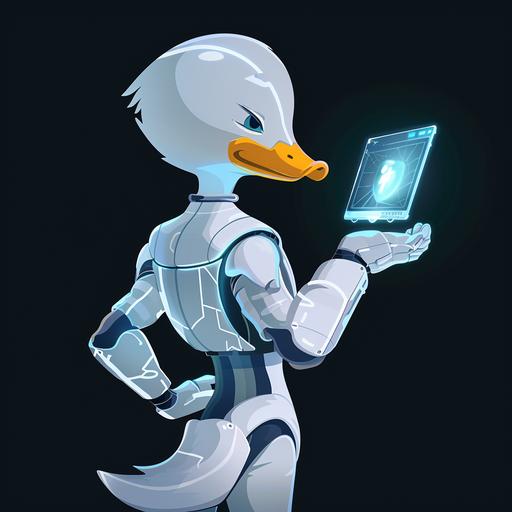 a humanoid duck in futuristic white suit, from the back, we can see his head from the side, holding a hologram, 2D flat cartoon mascot style