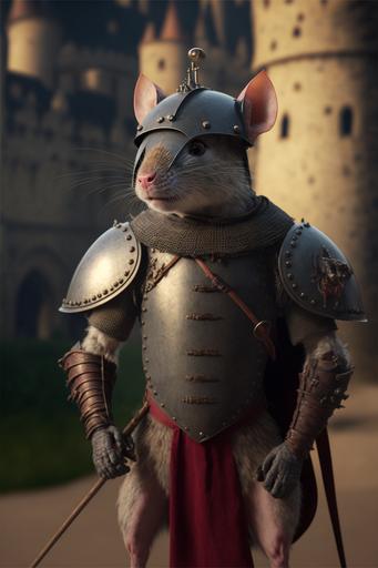 a humanoid rat as a knight, full body, cinematic 8k, castle background, --ar 2:3