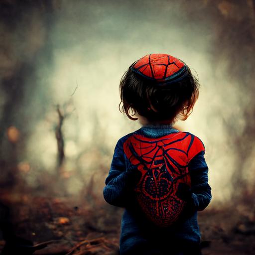 a humans child holds a spider-man in his hands