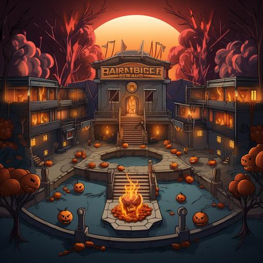 a hunger games arena based on Halloween. Cartoon style