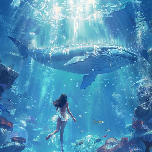 a hunky beautiful girl swimming in an aquarium with a whale on the bottom, in the style of edogawa ranpo, 32k uhd, mono-ha, rtx on, environmental art, white and azure, curvilinea