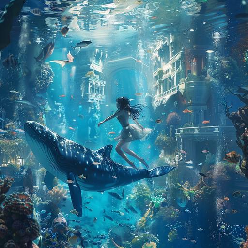 a hunky beautiful girl swimming in an aquarium with a whale on the bottom, in the style of edogawa ranpo, 32k uhd, mono-ha, rtx on, environmental art, white and azure, curvilinea